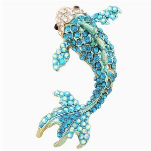 Betsey Johnson Brooch Lucky Koi Fish Blue Iridescent Crystals Gold Tone